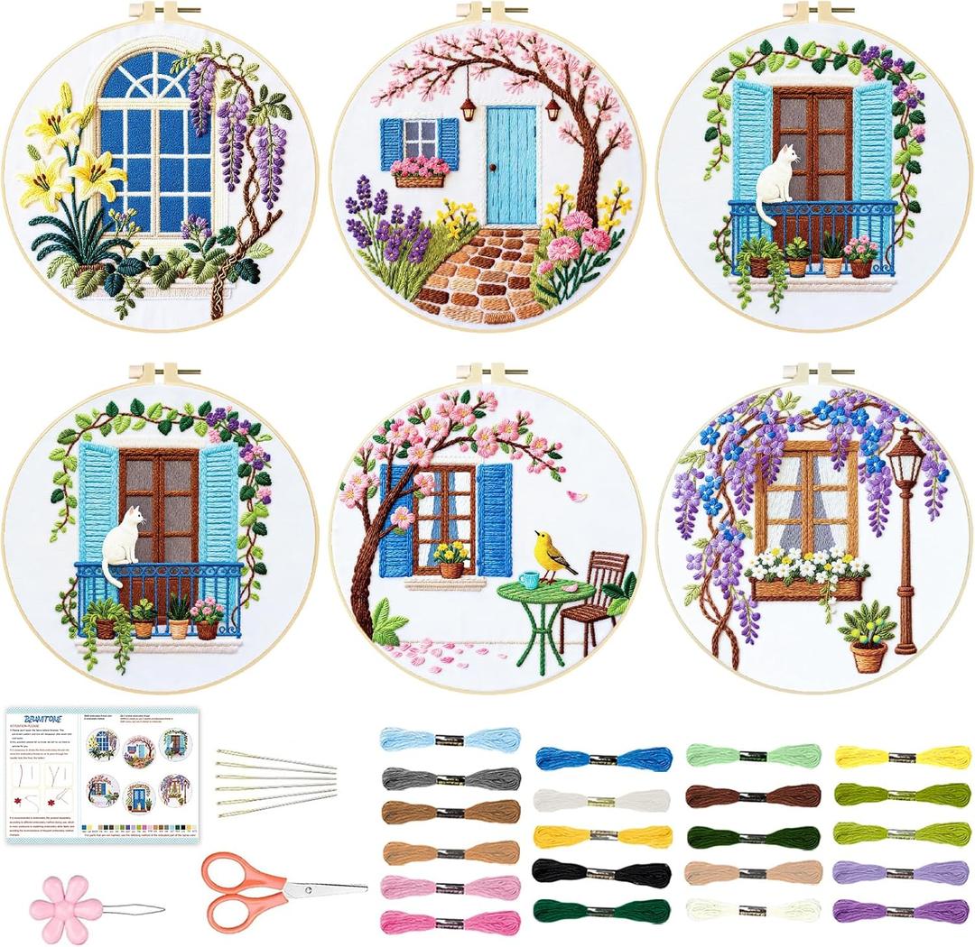 BEUNITONE Windows Flowers Embroidery Kit, 6PC Vintage Garden Scene with Birds Cat, Cottage Core Needlepoint Kits for Adults Beginners, DIY Home Decor Gift