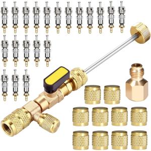 Valve Core Remover Installer Tool, with Dual Size SAE 1/4 and 5/16 Brass Port, 20 PCS Valve Cores and 10 PCS Brass Nuts, Valve core Tool for R22 R12 R407 R410 R404 R32 R600 A/C