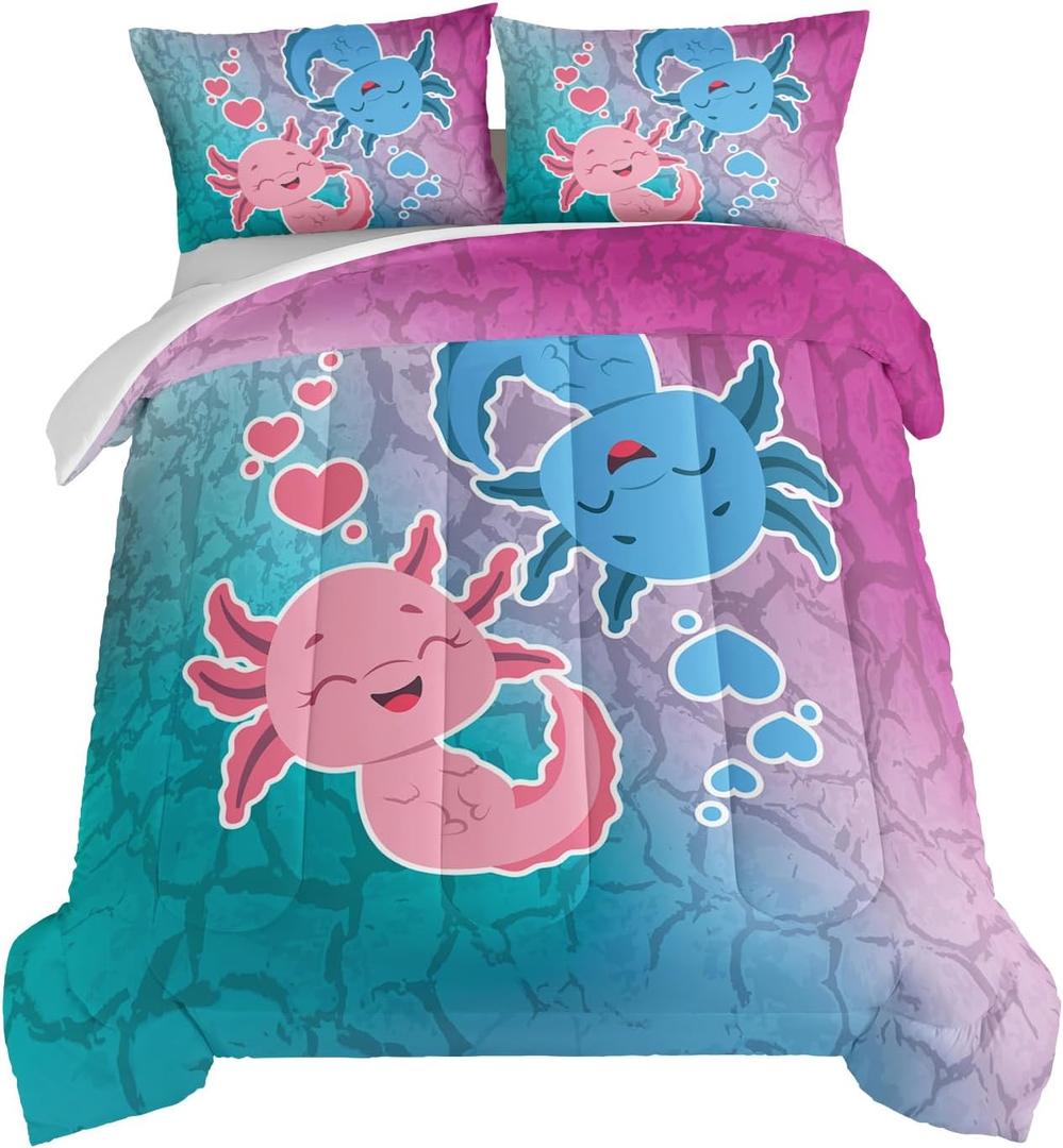 HOSIMnoA Axolotl Comforter Set Pink and Blue Axolotl Pattern Kawaii Bed Set for Kids Bedroom Decor,Twin Bed Set for Girls with 2 Pillowcases. (Full)