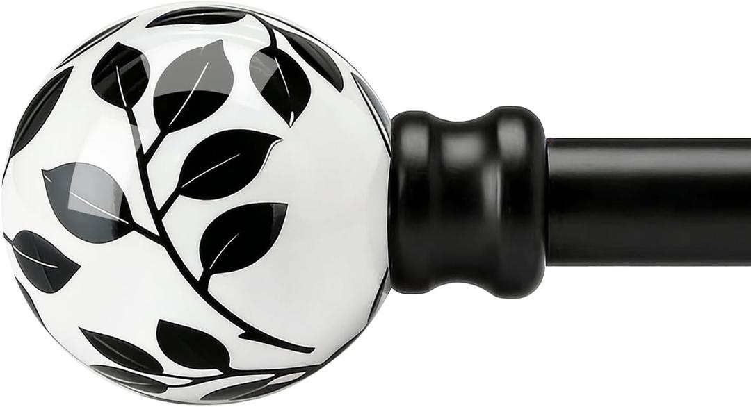 Ceramic Curtain Rods Black for Windows 66 to 120 Inches Adjustable Length Heavy Duty 1" Diameter Window Curtain Rod with Modern Leaf Pattern Decorative Finials for Bedroom Kitchen Living Room