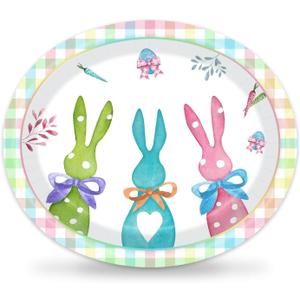 Vanulus 50Pcs Easter Large Oval Paper Plates 10" x 12" Buffalo Plaid Spring Easter Eggs Bunny Disposable Serving Dishes for Happy Easter Holiday Dinner Party Gatherings Celebrations