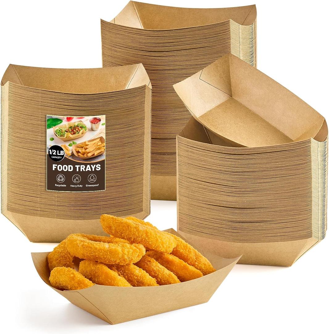ZORRITA 1/2 Lb Small Paper Food Trays, 120 Pack Disposable Food Boats Mini Brown Paper Serving Baskets for Party Nachos Fries Tacos Snacks Treats