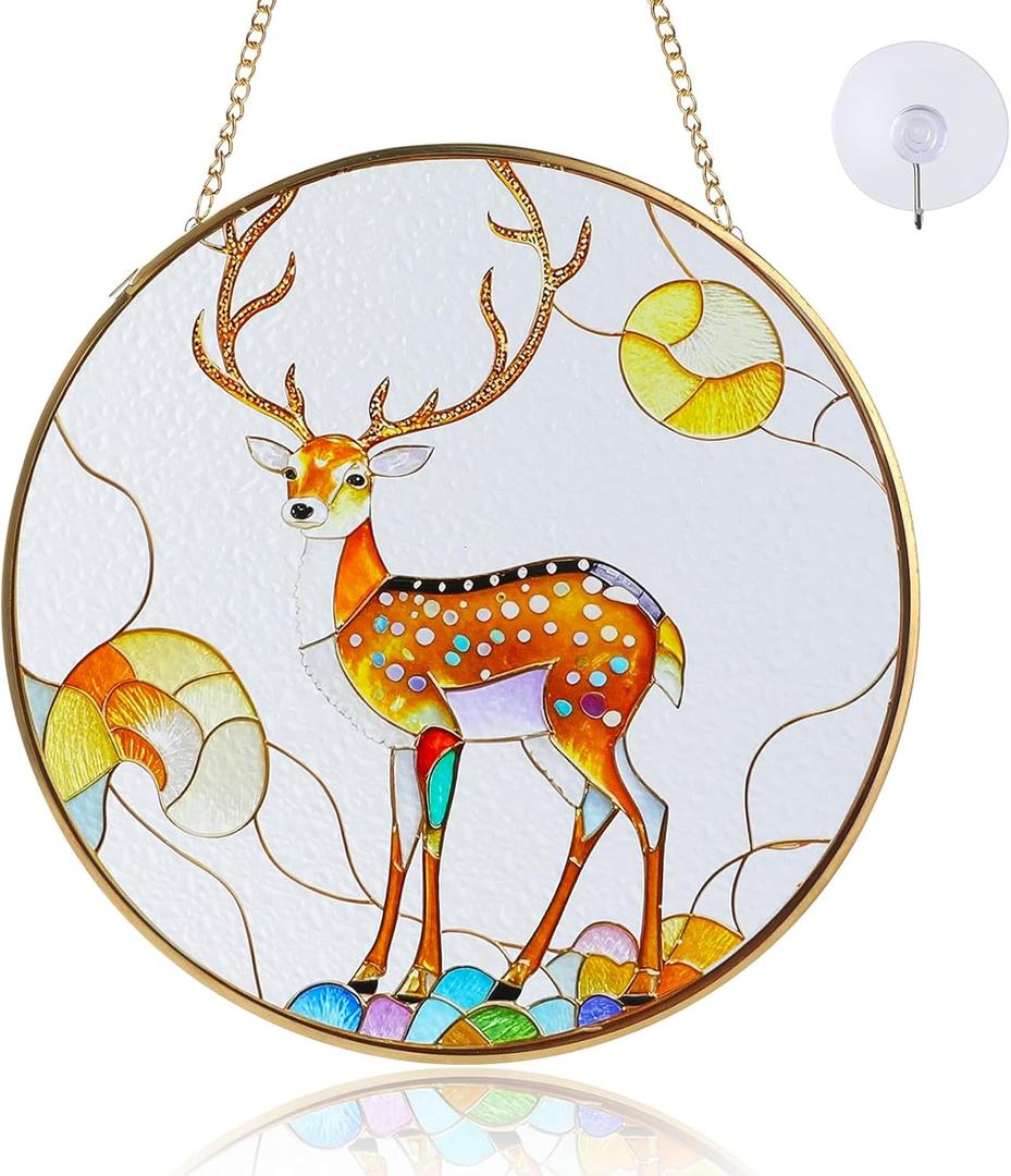 Deer Suncatcher Stained Glass Window Hanging with Metal Chain and Hooks 7.8 Inch Christmas Decor Indoor/Outdoor Home & Garden Decor Housewarming Gift