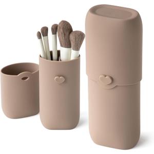 zoka Silicone Makeup Brush Holder, Travel Makeup Brush Case, Portable Makeup Bag Cosmetic Pouch, Anti-Fall Out Cover, Waterproof, Travel Essentials (Warm Taupe)