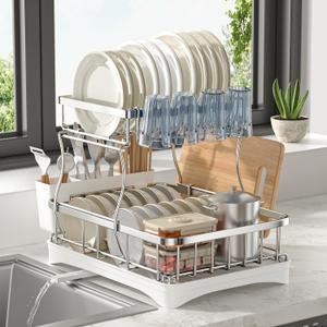 2 Tier Dish Drying Rack,Stainless Steel Dish Rack For Storing Knife Fork Pots&Pans,Dish Drying Rack With Drain Tray For Kitchen Countertops/Sinks,Silver Tiered Dish Rack With Retractable Drain Outlet