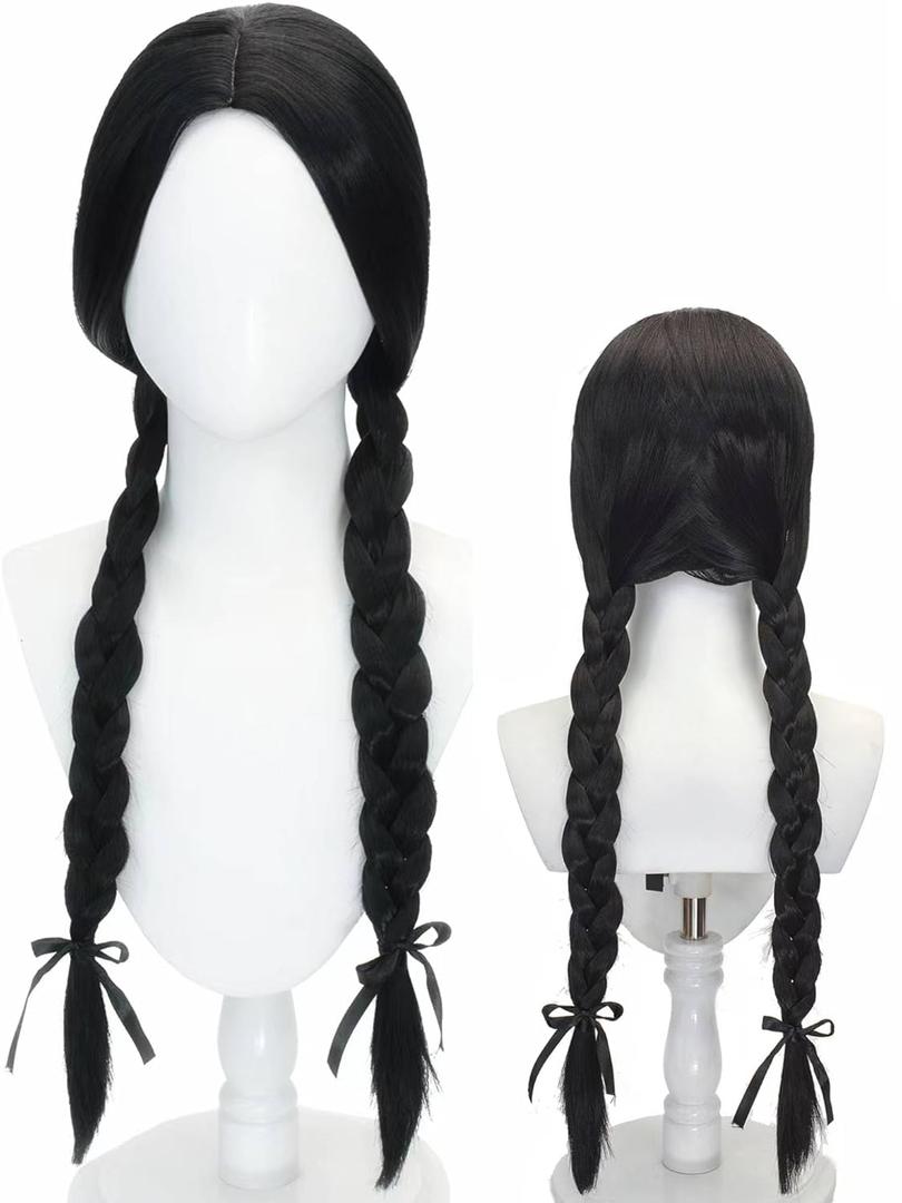 Long Black Braided Costume Wig Black Pigtails Wig 27.5'' Synthetic Hair + Net Cap for Women Halloween Daily