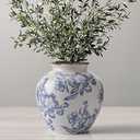 Ceramic Flower Vase Home Decor, 6.2 inch Farmhouse Rustic Vintage Decorative Vases, Pottery Terracotta Boho Flowers Vases for Dining Table, Living Room, Shelf, Kitchen, Bedroom (6.2"-Blue and White)