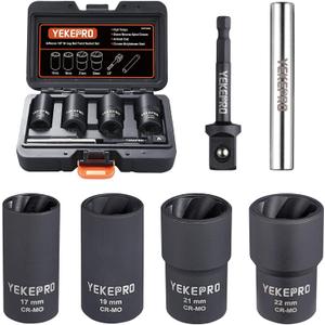 6 PCS Lug Nut Removal Tool, 1/2-inch Drive Impact Twist Socket Set & Bolt Extractor Set, 17,19,21,22MM Wheel Lock Removal Kit for Removing Damaged, Frozen, Rusted, Nuts & Screws, Cr-Mo Steel