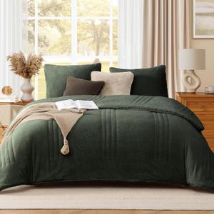 Monbix Fluffy Full Comforter Set Deep Forest, Sherpa Plush Fuzzy Comforter 3 Piece for Full Size Bed, Luxury Soft Winter Warm Bedding Set