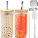 2 Pcs Glass Cups Set - 24oz Mason Jar Drinking Glasses with Bamboo Lids & Straws & 2 Airtight Lids, Cute Reusable Smoothie cup, Iced Coffee Glasses, Travel Tumbler for Bubble Tea, Juice