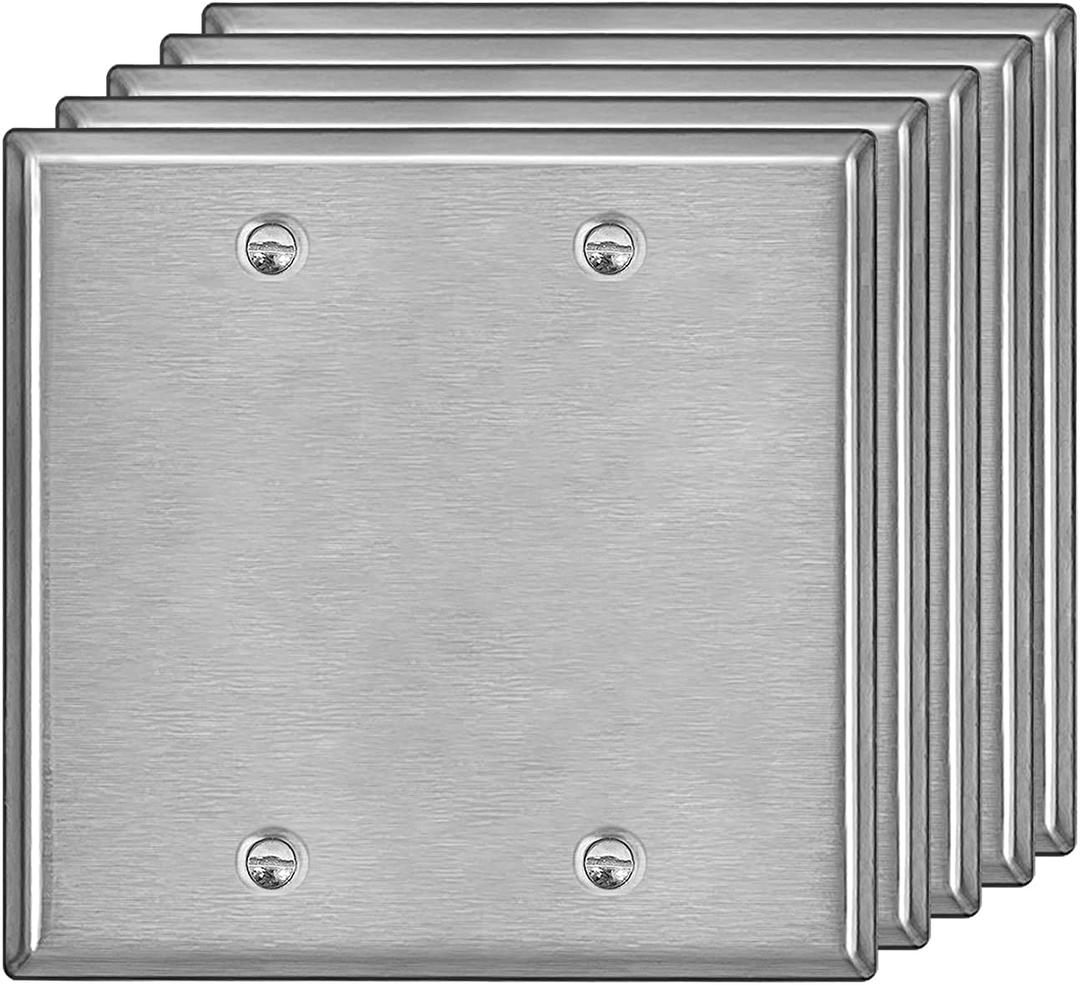 [5 Pack] BESTTEN 2-Gang No Device Metal Blank Wall Plate with hite or Clear Plastic Film, Corrosion-Resistant Stainless Steel Outlet Cover, Standard Size, Brushed Finish, H4.53 x W4.57