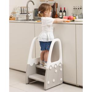 Two Step Stool with Handrails for Toddler and Kids, Standing Learning Stool Tower for Bathroom Sink, Potty Training, Children Step Up Learning Helper with Handles and Safety Non-Slip Pads(Gray)