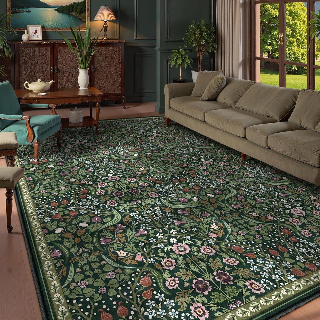 Lahome Claude Floral Area Rugs 9x12 Living Room, Green Soft Bedroom Rugs Non Slip, Thin Dining Room Carpet, Non Shedding Print Carpets for Guestroom