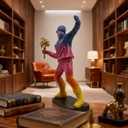 Banksy-Inspired Flower Thrower Sculpture Large 15.75 Gradient Resin Statue with Gold Bouquet, Modern Street Art Home Decor Figurine, Colorful Collectible Gift for Art Lovers