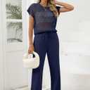 Women Two Piece Outfits Crochet Sheer Knit Sweater Top Wide Leg Pants Lounge Matching Sets Sweatsuit Travel Clothes