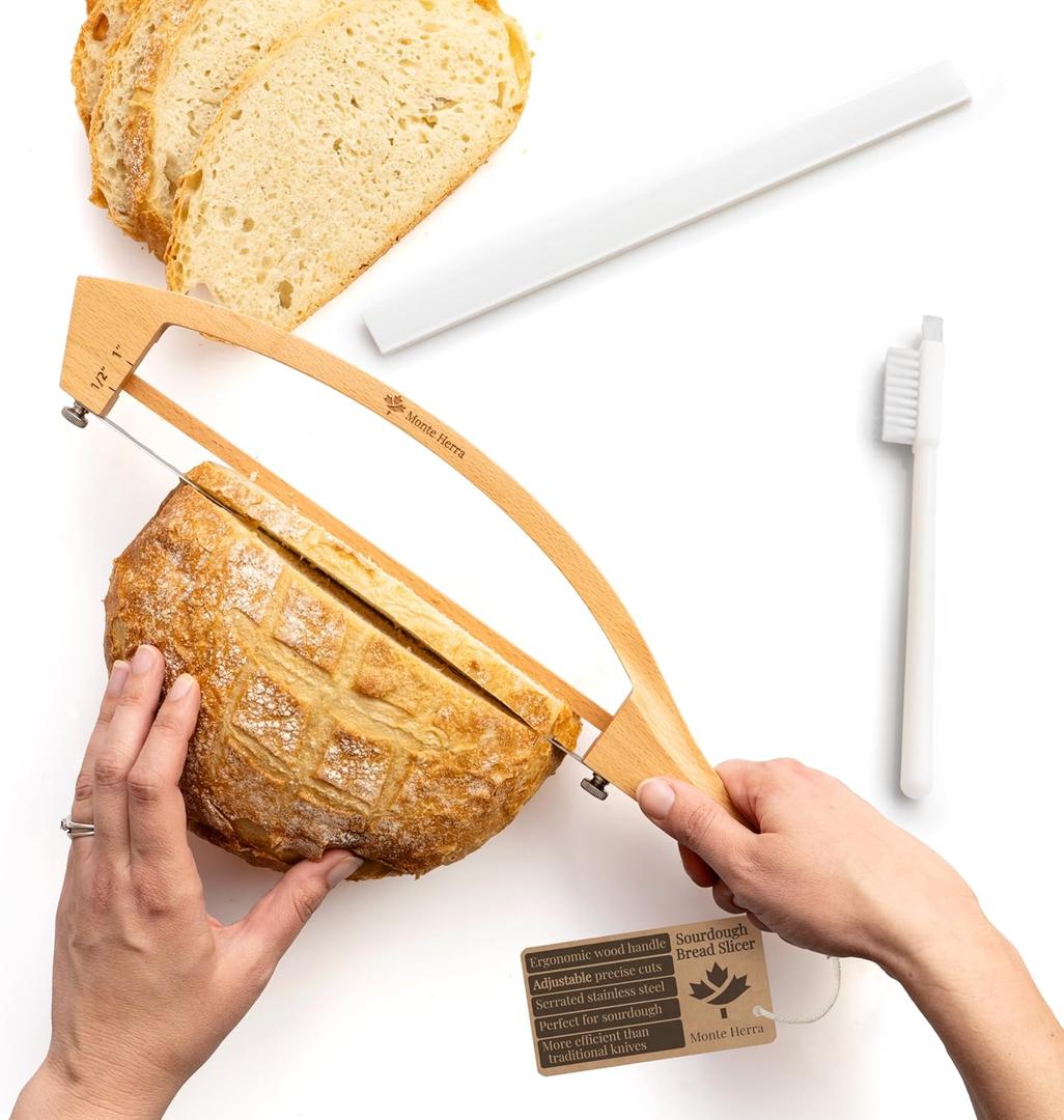 Adjustable Bread Knife for Homemade Bread - Bread Slicer with 1/2-inch and 1-inch Thickness Guides - 17 inch Bread Cutter - Bow Design Easy to Cutting Even Slices for Sourdough Baguettes Sandwiches (Beech color A)
