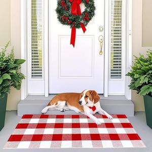USTIDE Cotton Buffalo Plaid Rug Red&White Check Rugs 23.6"X51" Hand-Woven Indoor or Outdoor Rugs for Layered Door Mats Washable Carpet for Front Porch/Kitchen/Farmhouse/Entryway