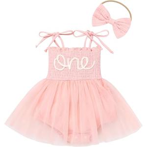Baby Girls 1st Birthday Outfit Spaghetti Straps Romper Tutu Dress Headband One Year Old Party Cake Smash Photoshoot Outfits Light Pink 12-18 Months
