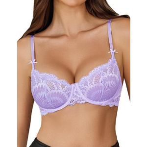 Avidlove Women's Sexy Lace Bra Sheer Underwire Unlined Balconette Everyday Bras Lingerie (Purple, L)