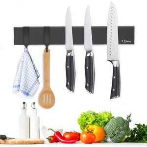 Dmore magnetic knife holder for wallwith 2 hooks, No Drilling 10 Inch black knife magnetic strip, Powerful knife magnet rack, include Adhesive Tape and screws for Knives, Utensils, and Tools