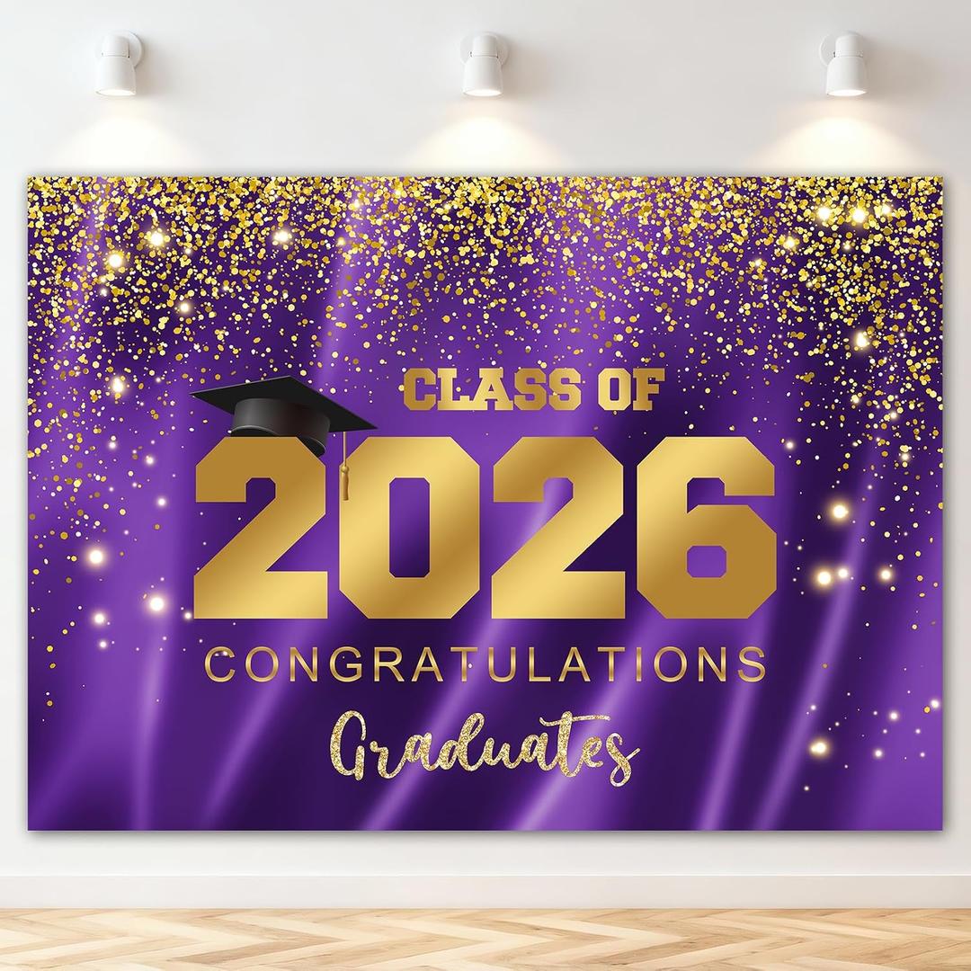 Mocsicka 2026 Graduation Party Backdrop Class of 2026 Purple Gold Glitter Background Congratulations Graduates Party Decoration Banner Photo Booth Props (10x7ft)