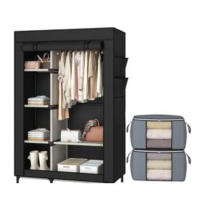 Calmootey Portable Closet Organizers, Clothing Storage, Wardrobe with 6 Shelves and Hanging Rod, NonWoven Fabric Cover with 4 Side Pockets, Black
