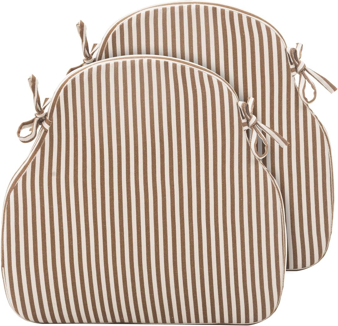 Brown Striped Winsor Chair Cushions with Ties, Dining Kitchen Chair Seat Pads Non Slip Removable Washable Cover 17"x16" Set of 2