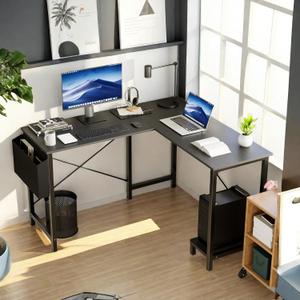 L Shaped Computer Desk, 49 Inch Corner Work Table with CPU Shelf & Side Bag, Wooden PC Table for Writing Study Home Office, Black
