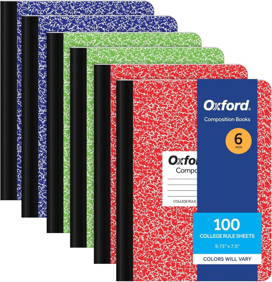 Oxford Composition Notebook 6 Pack, College Ruled Paper, 9-3/4 x 7-1/2 Inches, 100 Sheets, Assorted Marble Covers. 2 Each: Blue, Green, Red (63763)