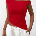 PRETTYGARDEN Womens 2026 Summer Off The Shoulder Crop Tops Sleeveless One Shoulder Ruched Asymmetrical Y2K Going Out Tank Top (Red, S)