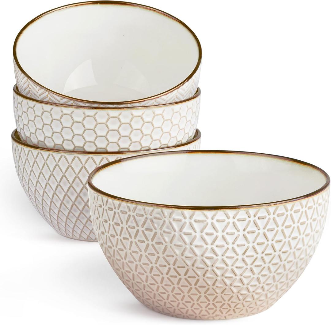 KooK Soup Bowls, Embossed, Ceramic Bowl, for Soup, Cereal and Poke, Microwave & Dishwasher Safe, Cream with Dark Copper Accents, Set of 4, 26 oz, Narbonne Collection