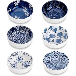 Japanese Style Ceramic Dipping Bowls,3'' Small Pinch Bowls Set Side Sauce Cups,Dishes for Sushi,Snack and Soy,BBQ,2.5 Oz Blue and White Mini Bowl for Kitchen Prep - Set of 6 (3 inch)
