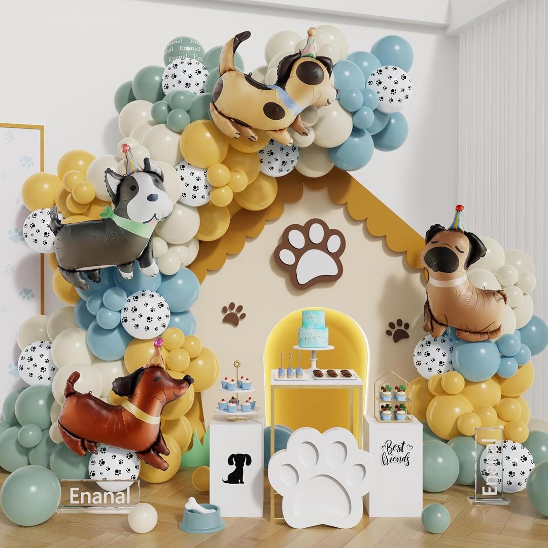 Puppy Birthday Party Decorations 156pcs Dusty Blue Beige Balloons with Cute Puppy Foil Mylar Balloons for Pawty Party Decorations Kids Gift Pet Animal Doggy Birthday Baby Shower Supplies