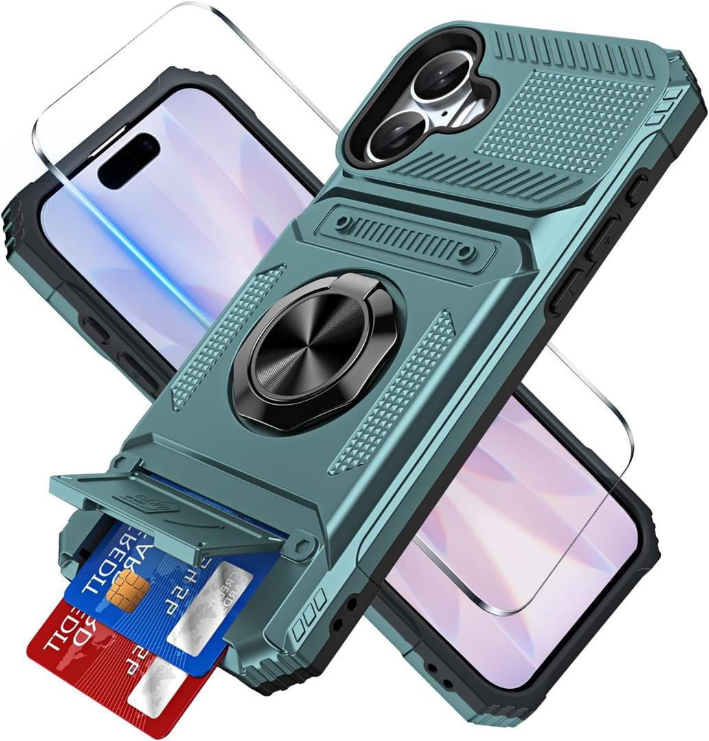 for iPhone 17 Wallet Case with Card Holder + 1 Screen Protector, (2 Cards) & 360Ring Kickstand Military Grade Drop Shockproof Rugged Case for iPhone 17 6.3" 2025 (Green)
