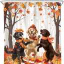AMBZEK Fall Dog Shower Curtain 60Wx72L Inch Autumn Maple Trees Leaves Pumpkin Cartoon Lovely Puppy Funny Pets Lovers Artwork Cloth Fabric Waterproof Polyester Bathroom Decor Set with 12 Pack Hooks