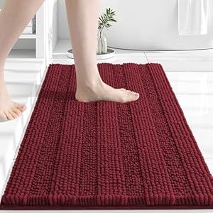 Grandaily Chenille Striped Bathroom Rugs 30x20, Extra Thick and Absorbent Bath Mats, Non-Slip Soft Plush Shaggy Shower Carpet, Machine Wash Dry, Bath Rug for Bathroom, (Medium, Burgundy)
