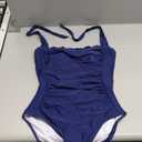 Eomenie Women One Piece Tummy Control Swimsuit Halter Scallop Trim Bathing Suits 1 Piece Vintage Ruched Slimming Swimwear (Large, Dark Blue)