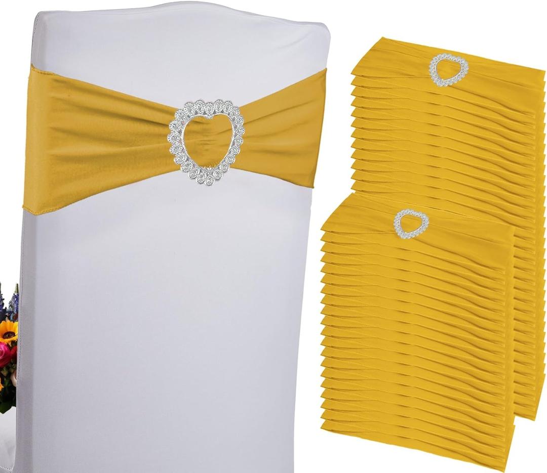 100PCS Spandex Chair Sashes Bows Stretch Chair Cover Band, Elastic Chair Ties for Wedding Party Birthday Reception Banquet Decoration Gold