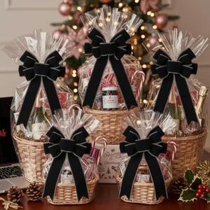 Janinka 12 Pcs 10 x 6 Inch Large Velvet Christmas Bows for Gift Wrapping Christmas Ribbon Bows Wrapping Accessory for Xmas Present Boxes Bouquet Basket Bottles Supplies(Black)