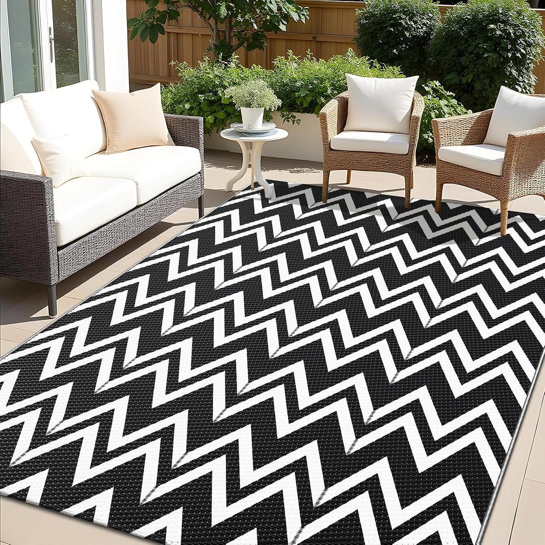 OLANLY Waterproof Outdoor Rug 5x8 ft Clearance, Reversible Outdoor Plastic Straw Rug, RV Mat, Indoor Outdoor Carpet for Patio, Camping, Balcony, Deck, Backyard, Black & White