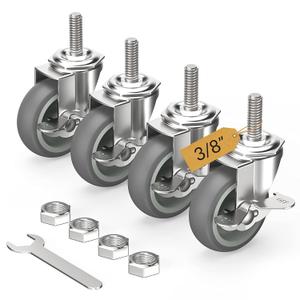 HOLKIE Caster Wheels 3 inch Locking Casters Set of 4, Threaded Stem 3/8" -16 x 1-1/2" (Diameter 3/8", Length 1-1/2") Swivel Heavy Duty Castors Gray