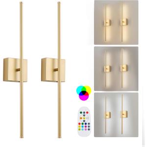 Battery Operated Wireless Wall Sconces Set of Two, with Remote, Dimmable, Warm White/Natural White/Daylight/RGB, 350Rotate, LED Gold Wireless Wall Light for Living Room, Bedroom, 28.3 Inch