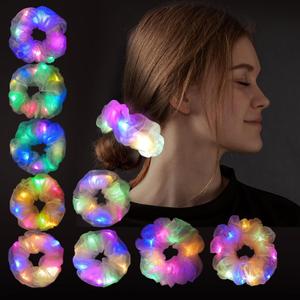 Light Up Scrunchies, Double-layer LED Scrunchy Colorful Hair Ties Glow in the Dark Party Supplies Glow Sticks Party Favor Festival Rave Accessories for Girls & Women Neon Party (9PCS-Multi-color)