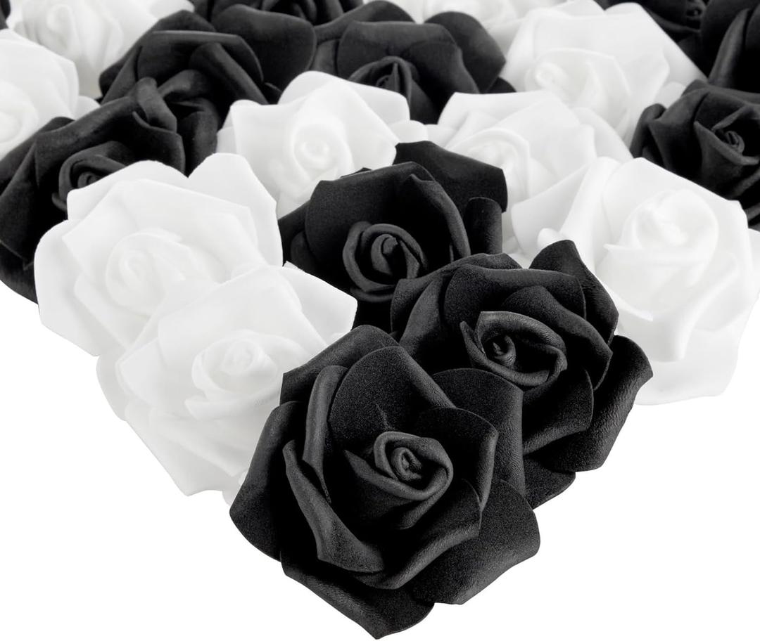 Bright Creations 100 Pack Black and White Artificial Flowers - Bulk Stemless Fake Foam Roses for Decorations, DIY Crafts, Bouquets (3 in)