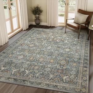 10X14 Area Rugs Machine Washable Rugs for Living Room, Vintage Boho Large Rugs for Bedroom Dining Room, Non Slip Indoor Soft Distressed Lightweight Thin Low Pile Carpet, Terracotta