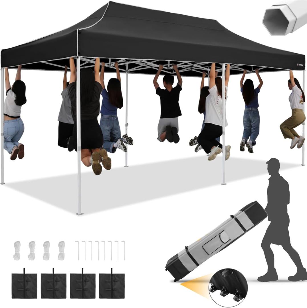 HOTEEL 10x20 pop up Canopy Tent for Parties Heavy Duty Easy Setup Party Tent,Outdoor Commercial Instant Gazebo for Wedding Event, with Roller Bag & Sand Bags,Upgraded Thick Hexagonal Legs,Black