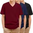 3 Pack Boys V Neck T Shirts Short Sleeve Summer Tees Kids Teen Loose Fit Soft Basic Toddler Youth Tops 3-16Y (X-Small, Burgundy, Navy Blue, Black)