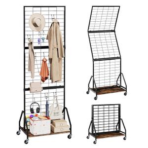 ELYKEN Foldable Grid Wall Panels 5.5' x 2' FT, Movable Wire Gridwall Display Rack with Wheels and Adjustable Foots, Retail Display Stand for Vendor with Storage (Rustic Brown)
