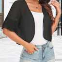 Women's Cardigan Bolero Shrug Ruffle Short Sleeve Open Front Loose Sheer Jackets for Tops (Black, L)