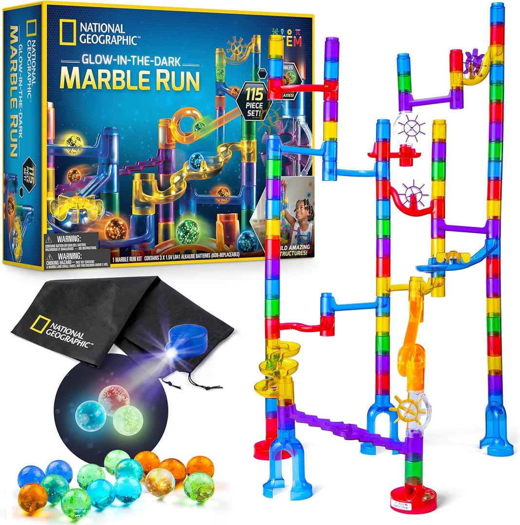 National Geographic Glowing Marble Run  115 Piece Construction Set with 25 Glow in The Dark Glass Marbles, Storage Bag, Great Creative STEM Toy for Girls and Boys